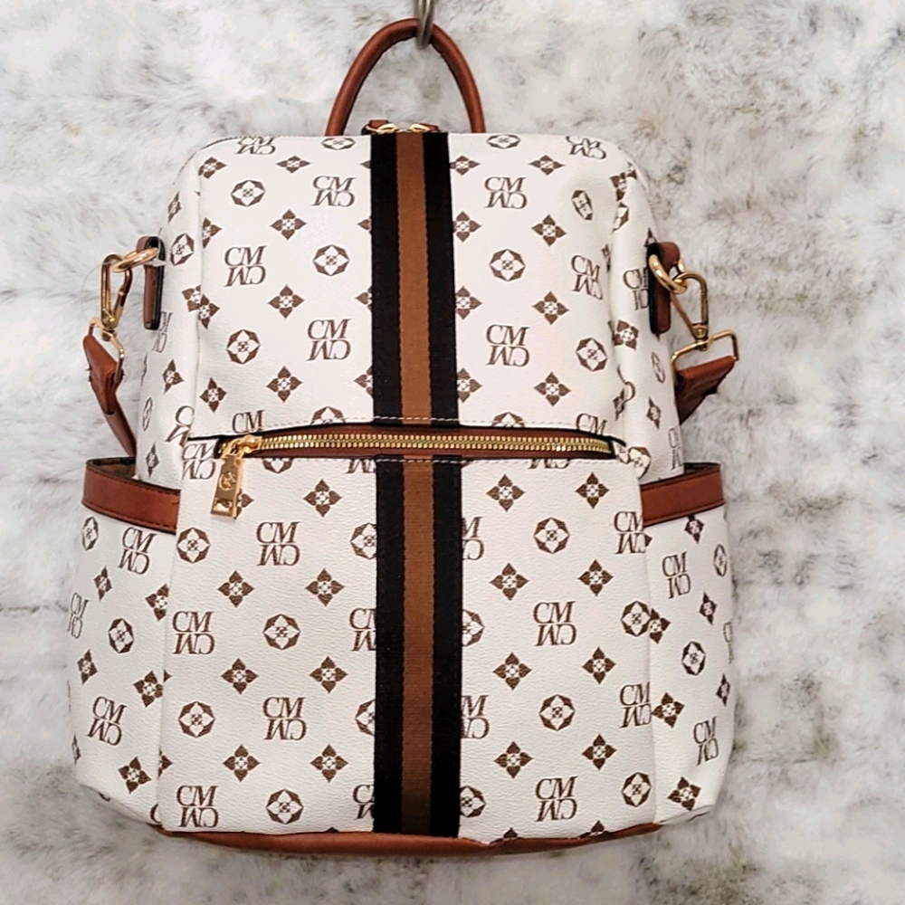 White with tan backpack & shoulder bag.